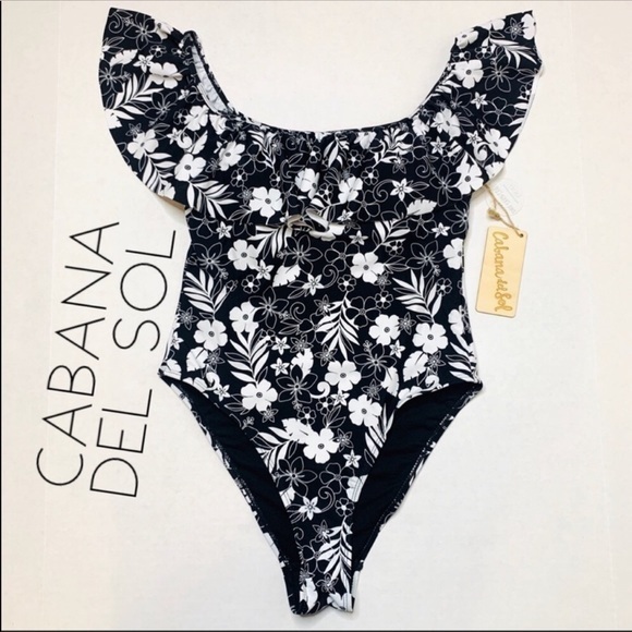 NWT Cabana Del Sol Hollywood floral ruffle off shoulder swimsuit Medium M 8 10 - Picture 1 of 7